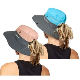INOGIH Women's Outdoor UV-Protection-Foldable Sun-Hats Mesh Wide-Brim Beach Fishing Hat with Ponytail-Hole (Pink+Blue)
