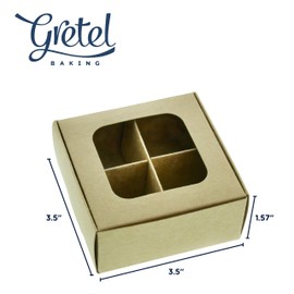 Gretel Mini Truffle Boxes with Window and Dividers - Extra Small - Four Compartments for Homemade Chocolates, Truffles, and Candies - 3.5 x 3.5 x 1.57 inches | Pack of 20 (Kraft)