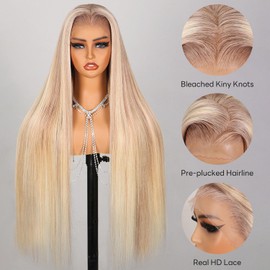 SUPERLOOK P10/613 Lace Front Wig Human Hair 13x4 Wear And Go Glueless Wigs Human Hair HD Blonde Highlight Lace Front Wig Human Hair Light Brown Pre Plucked 240% Density (22inch, P10/613 Straight Wig)