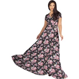KOH KOH Womens Womens Long Cap Short Sleeve Floor Length Floral Flower Print V-Neck Casual Summer Spring Sundress Elegant Modest Gown Gowns Maxi Dress Dresses, Black Pink M 8-10