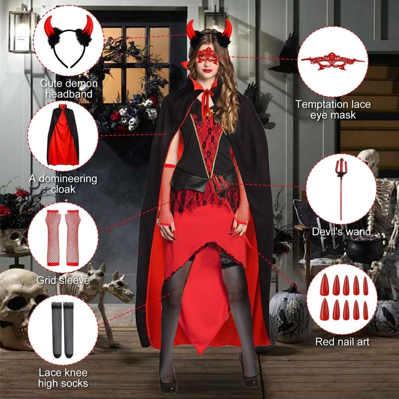Ourdort Carnival Devil Costume Women's Fancy Dress Costume with Cape