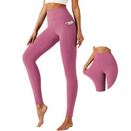 KOWSPORT Womens Yoga Pants High Waisted Yoga Legging with Pockets Tummy Control Workout Leggings for Sports Buttery Soft Gym Pants Butt Lifting Compression Leggings Stretchy Pants (Pink M)