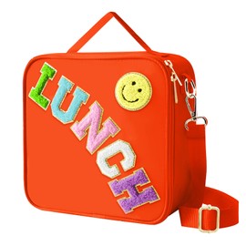 Insulated Lunch Bag With Adjustable Shoulder Strap, Nylon Preppy Lunch Box Large Insulated Lunch Bag Reusable Lunch Tote Bag with Smiley Preppy LunchBag for Girls School Travel Picnic (Orange)