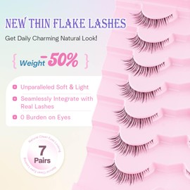 False Eyelashes Cat Eye 12MM Short Lashes Natural 0.03MM Thin Flake Flat Band Wispy Lashes Manga Cat Eye Lashes C Curl Fake Eyelashes 7 Pair EVENTILL
