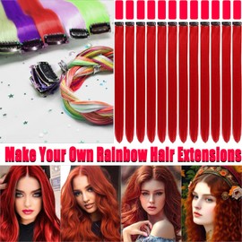 Olldag 12 PCS Red Hair Extensions Clip in, Colored Party Synthetic Neon Highlights Extensions, Rainbow Hair Accessories for Girls Women Kids Doll Hair Pieces (22-inch)