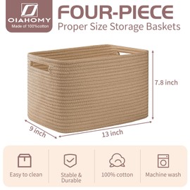 OIAHOMY 4 Pack Storage Baskets for Organizing, Cube Storage Bins for Shelves, Rectangle Storage Baskets With Handles, Woven Baskets for Storage, 12.7''Lx9''Wx7.8''H, Yellow