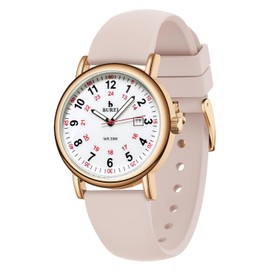 BUREI Nurse Wrist Watch for Nurse Medical Professionals Students Women Men, Waterproof 12/24 Hour Military Time Luminouse Easy Read Dial,Colorful Silicone Band (White/Gold/Pink)