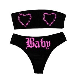 JUMISEE Women Heart Skull Letter Pattern Goth Bikini Set 2 Piece High Waist Bandeau Swimsuit