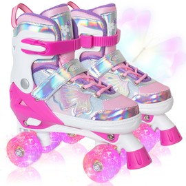 Kids Roller Skates for Girls Boys - Rose Red for Teenagers Youth Age 10 11 12 - Adjustable All Light up Wheels Butterfly and Flower Indoor Outdoor Sports Birthday Gift for Son and Grandson