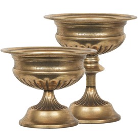 WORTH Gold Color Urn Vases for Centerpieces Set of 2 (Large: 8.8" H x 7.8" Dia. & Small: 6.1" H x 7.8" Dia.) - Classic Metal Trumpet Flower Pots for Table, Bowl Vase for Wedding Party Event Home Decor
