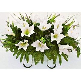 Cemetery Spring Flowers ~Spring white lilly mix~headstone saddle arrangement~cemetery flower service~grave site decor~sympathy flowers~flowers for graves~Lillies and wildflowers