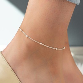 Foyjoey Dainty Ankle Bracelets for Women White Gold Tiny Beaded Ball Chain Anklets Simple Anklet Bracelet Layering Stacking Minimalist Summer Beach Foot Jewelry