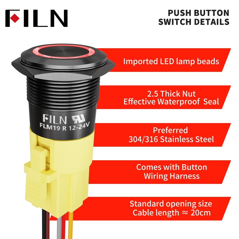 FILN 2PCS 19mm (3/4'') Momentary Push Button Switch 12V 24VDC