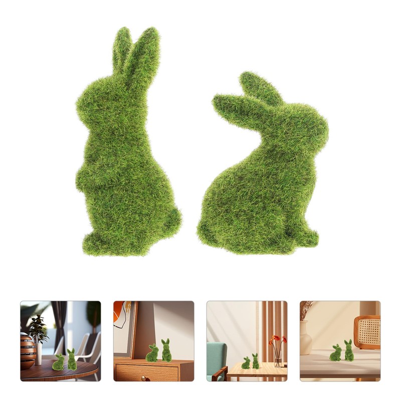 DEARMAMY 2Pcs Easter Faux Moss Bunnies: Furry Grass Flocked Rabbit