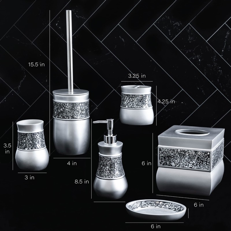 Crackled Glass Silver Bathroom Accessories Set - 6 Piece Bathroom