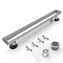 HTOH Shower Drain Offset for Bathroom: 18-Inch Brushed Nickel Linear Shower Drain with Removable Tile Insert Grate - 304 Stainless Steel Rectangular Shower Floor Drain Side Outlet with Hair Catcher