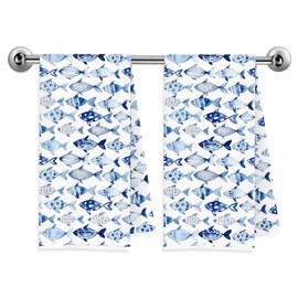 Trenstise Ocean Blue Fish Kitchen Towels - Coastal & Nautical Theme - Fish Lover Gifts - Beach Style Dish Hand Tea Towels for Kitchen & Bathroom - 16x24 Inch Set of 2 yu2