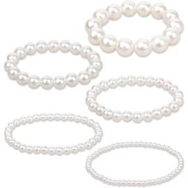 LIURFLNC Pack of 5 Women's Pearl Bracelets, Pearl Bracelet, Charm White Pearl Bracelet, Women's Beads for Bride, Elegant Artificial Pearl Bracelet, Beads, Women's Party Gifts, 5 Sizes (4/6/8/10/12