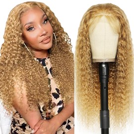 Tuheerst Curly Wave Human Hair Wig, Real Hair Wig, Women's Blonde 4 x 4 Lace Brazilian Real Hair, Glueless Wear and Go Pre Bleached Knots with Baby Hair for Woman, 24 Inches (61 cm)