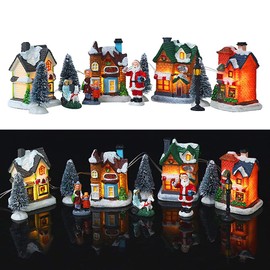 HenTuha Christmas Village Set Resin Christmas Scene Village LED Lighted Miniature Houses Town Christmas Village Houses Figurines Collectible Buildings Ornament Decorations JJ04501620_CHRI2-YL-329
