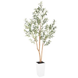 Bellacat 7ft Faux Olive Tree with Multiple Real Wood Trunks & Tall Decorative Planter, 84in Artificial Olive Trees Indoor with Realistic Leaves & Fruits for Indoor Outdoor Home Office Store Decor.