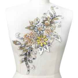 19 * 38cm 3D Colorful Flower Mesh Embroidered Rhinestone Lace Beaded Applique with Sequins DIY Lace Fabric Trim for Clothes Accessories Hardware (Yellow)