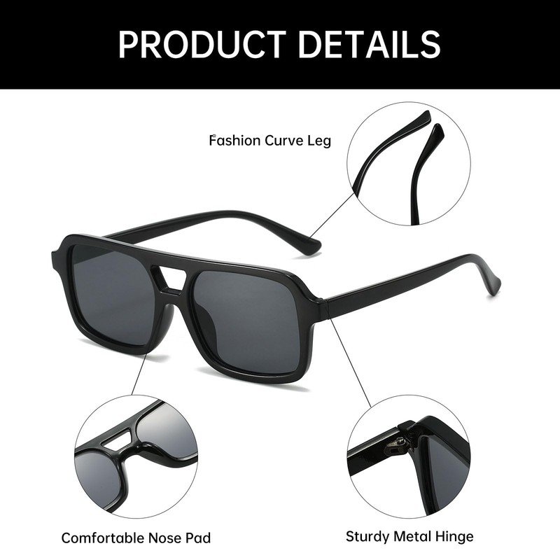YAMEIZE Retro 70s Double Bridge Pilot Rectangular Sunglasses for Men
