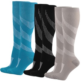 Dress Cici Compression Socks for Running, Stripes Knee High Compression Sock for Men & Women (3 Pack: Blue+Black+Grey), Asia Size L