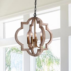 Sedelan 4-Light Farmhouse Chandelier, Orb Chandeliers for Dining Room Light Fixture, Wood French Country Chandelier, Candle Pendant Lights Kitchen Island for Entryway Bedroom, Gold, Adjustable Height