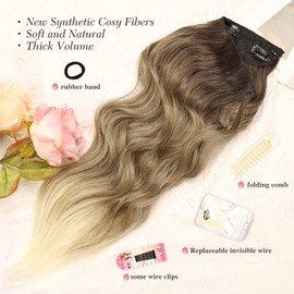 MORICA Invisible Wire Hair Extensions - 20 Inch Ombre Blonde Long Wavy Synthetic Hairpiece with Transparent Wire Adjustable Size, 4 Secure Clips for Women