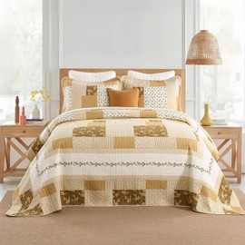 DDUOXIN Floral Oversized King Bedspread 128"x120" - 100% Cotton Reversible California King Quilt with 2 Pillow Shams, Farmhouse Bedspreads Coverlet Set Lightweight Bedding Set, Beige/Khaki, 3 Piece