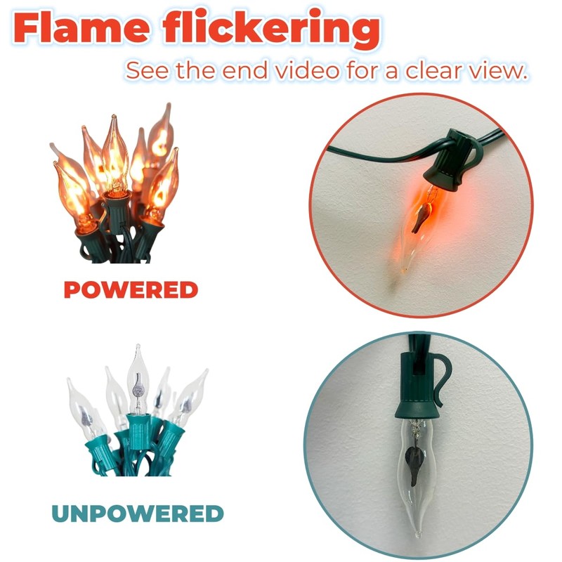 10ft Flickering Flame String Lights Outdoor Indoor, C18/C7 Candlelight Bulb,Retro