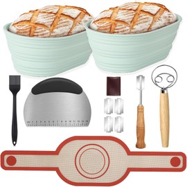 Gärkörbchen,Sauerteig Starter Set-2 Stücke Silikon Oval 10 Zoll Brotbackzubehör Sauerteig Set Gärkorb für Brot Backen,Faltbar Brotkorb Brot Backen Zubehör Brotbackset mit Backmatte Brot
