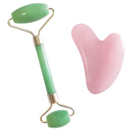 Mina Heal Rose Quartz Gua Sha and Jade Face Roller Set for Facelift Scraping Anti-Wrinkle Anti-Ageing Skin Detox and Rejuvenation