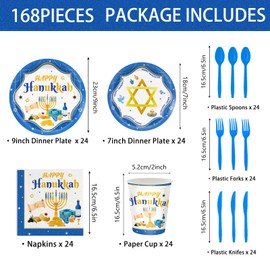 168pcs Happy Hanukkah Party Supplies Hanukkah Paper Plates Napkins and Cups Disposable Tableware Set for Jewish Hanukkah Party Supplies Serve 24