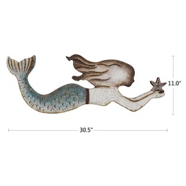 Rustic Wood Mermaid Decor Hanging Nautical Wall Decor, Wooden Mermaid Plaque Wall Sculpture Bathroom Beach Themed Decorations Coastal Mediterranean Wall Art for Home Farmhouse (Teal 30.5X11 Inch)