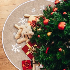 Tatuo Hessian Christmas Tree Skirt, White Snowflake Print, Tree Skirt Base Cover For Christmas Holiday Decoration