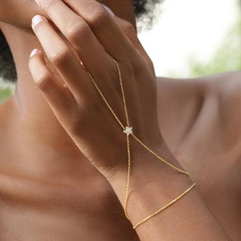 Gold Bracelets for Women Trendy, Dainty 14K Gold Plated Hand Chain Bracelet Stack Layered Finger Ring Bracelet Set Cubic Zirconia CZ Hand Chain Rings Adjustable Hand Jewelry