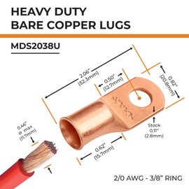 SELTERM 25pcs 2/0 AWG 3/8" Stud Battery Lugs, Ring Terminals, Heavy Duty Copper Wire Lugs, Battery Cable Ends, 00 Gaug Ring Terminal Connectors, UL Bare Copper Eyelets Electrical Battery Cable Lugs