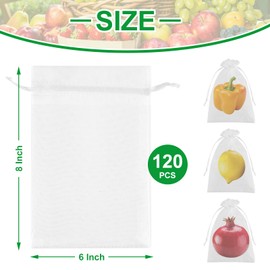 CHRORINE 120Pcs Fruit Protection Bags 6×8 Inch, Fruit Netting Mesh Bags for Fruit Trees, Reusable Garden Netting Bags with Drawstring, White