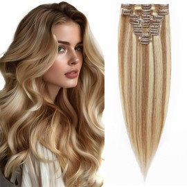 Elailite Hair Extensions Real Human Hair Clip in 8 Pcs Remy Natural Hair Full Head Straight - #12/613 Golden Brown Mix Bleach Blonde - 16 Inch (75 g)