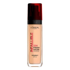 LOral Paris Infallible 32H Freshwear Base de Maquillaje Lquida, Larga Duracin y Alta Cobertura con Acabado Luminoso y Sensacin Ligera, Tono 220 Sand, 