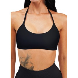 TZLDN Halter Sports Bras Women Padded Strappy Backless Gym Yoga Adjustable Workout Crop Tops Longline Tank Low Impact Black - Medium