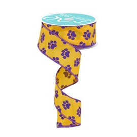 Paw Print Wired Edge Ribbon, 1.5" x 10 Yards (Yellow, Purple)