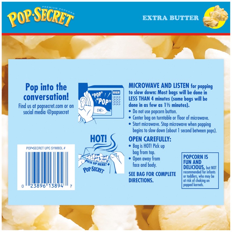 Pop Secret Popcorn, Extra Butter, 3.2 Oz Bags, 12 Ct