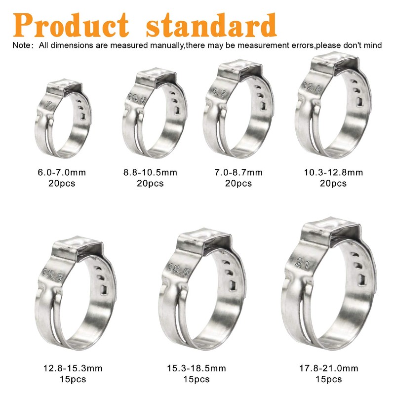 125PCS 7-21mm Single Ear Hose Clamps 304 Stainless Steel Wire