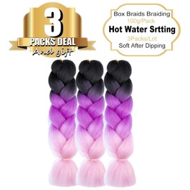TENGSHUO FLY Black Dark Purple Light Purple Braiding Hair 3 Packs Synthetic Braid Hair Extensions Ombre Braiding Hair 24"or Box Braids Twist Crochet Braids(24"3Pack,Black-Dark Purple-Light Purple)
