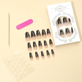 24pcs French Tip Press on Nails Medium Coffin Black White Gradient Fake Nails with Stripe Designs Silver Irregular Stripe Stick on Nails Full Cover Glossy Artificial Nails for Women Girl