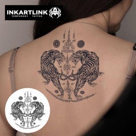 INKARTLINK Tattoo Tech, 2 Sheets Large Semi Permanent Tattoo, Adult Art Design Temporary Tattoos, Lasts 1-2 Weeks, Waterproof, Realistic Look, No Reflection (Twin Tigers Mandala)