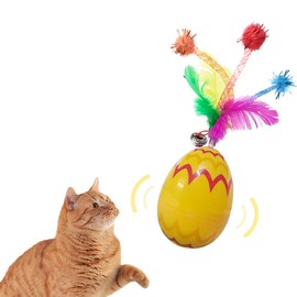 Pawdea Kitten Self Play Roly-Poly Easter Egg Cat Toys, Cat Tumbler Egg Toys with Feather and Bell, Cat Feather Bell Toy and Interactive Kitten Toys for Indoor Cats(Yellow)